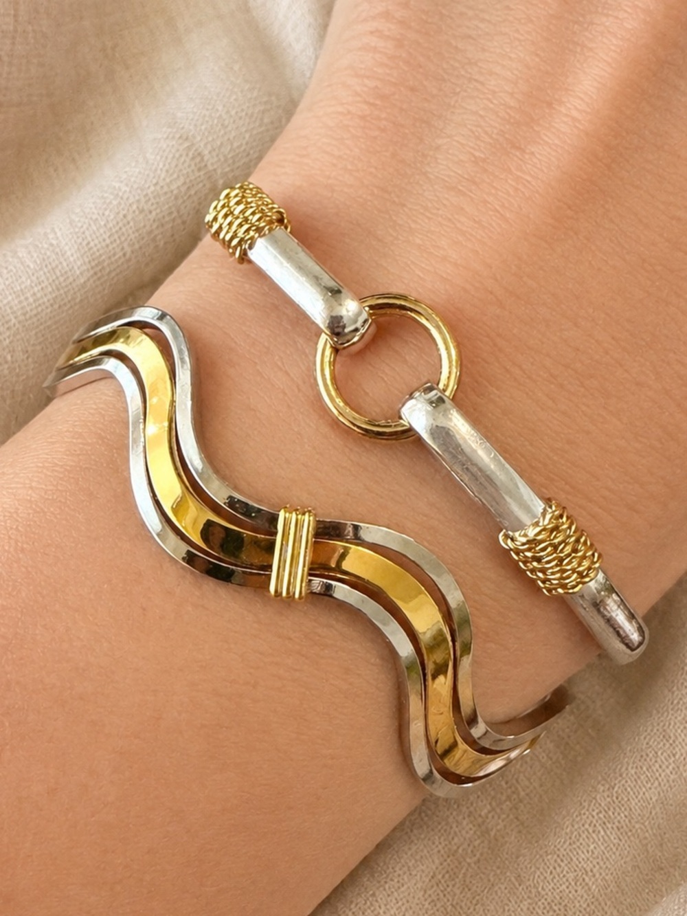 Vintage Two Tone Gold Silver Wave Bangle Bracelet Sculptural Statement